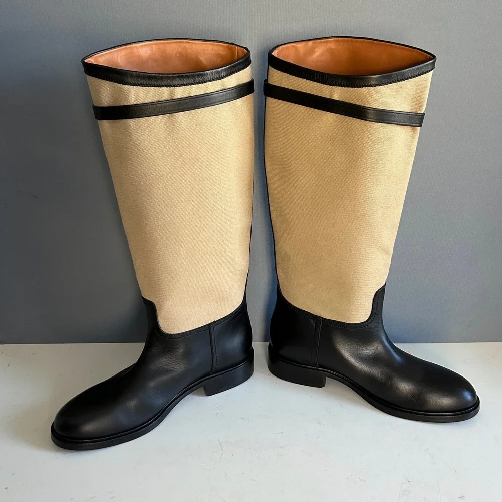 Polo Ralph Lauren Tall Riding Boots Women's 10B Black Leather Two-tone Tan NEW